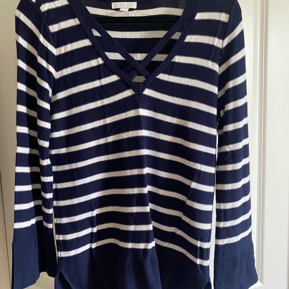 New York & Company Navy and White Striped Knit Top